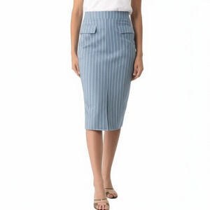 NY&C Skirt Plus 2X Blue White Vertical Stripe Front Slit Ruched Waist Midi NEW